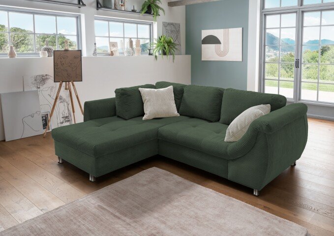Polsterecke >Allin< Schlaffunktion, moosgrün / silber, Cord - 250x66x190cm (BxHxT)
