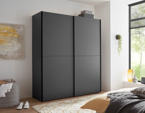 Schwebetürenschrank >FLINN< 2 Böden + 2 Stangen, Graphit - 170x195x57,5cm (BxHxT)