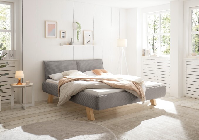 Polsterbett >ARBARO< aus Massivholz, Cord-Kopfteil Grau, Liegefläche 180x200 cm