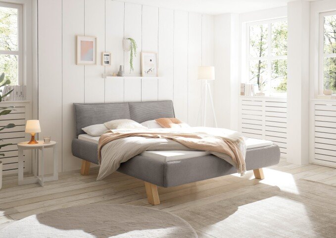 Polsterbett >ARBARO< aus Massivholz, Cord-Kopfteil Grau, Liegefläche 180x200 cm