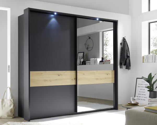 Schwebetürenschrank >STARLIGHT< KOMPLETT inkl. LED-Passepartout, Spiegel & zusätzlichen Einlegeböden in Anthrazit / Eiche Dekor - 225x215x60 (BxHxT)