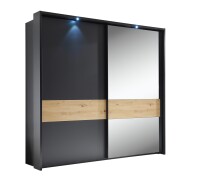 Schwebetürenschrank >STARLIGHT< KOMPLETT inkl. LED-Passepartout, Spiegel & zusätzlichen Einlegeböden in Anthrazit / Eiche Dekor - 225x215x60 (BxHxT)