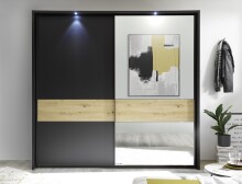 Schwebetürenschrank >STARLIGHT< KOMPLETT inkl. LED-Passepartout, Spiegel & zusätzlichen Einlegeböden in Anthrazit / Eiche Dekor - 225x215x60 (BxHxT)