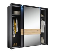 Schwebetürenschrank >STARLIGHT< KOMPLETT inkl. LED-Passepartout, Spiegel & zusätzlichen Einlegeböden in Anthrazit / Eiche Dekor - 225x215x60 (BxHxT)