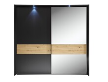 Schwebetürenschrank >STARLIGHT< KOMPLETT inkl. LED-Passepartout, Spiegel & zusätzlichen Einlegeböden in Anthrazit / Eiche Dekor - 225x215x60 (BxHxT)