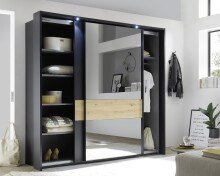 Schwebetürenschrank >STARLIGHT< KOMPLETT inkl. LED-Passepartout, Spiegel & zusätzlichen Einlegeböden in Anthrazit / Eiche Dekor - 225x215x60 (BxHxT)