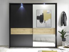 Schwebetürenschrank >STARLIGHT< KOMPLETT inkl. LED-Passepartout, Spiegel & zusätzlichen Einlegeböden in Anthrazit / Eiche Dekor - 225x215x60 (BxHxT)