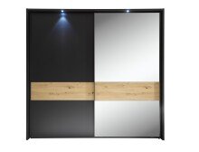 Schwebetürenschrank >STARLIGHT< KOMPLETT inkl. LED-Passepartout, Spiegel & zusätzlichen Einlegeböden in Anthrazit / Eiche Dekor - 225x215x60 (BxHxT)
