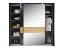 Schwebetürenschrank >STARLIGHT< KOMPLETT inkl. LED-Passepartout, Spiegel & zusätzlichen Einlegeböden in Anthrazit / Eiche Dekor - 225x215x60 (BxHxT)