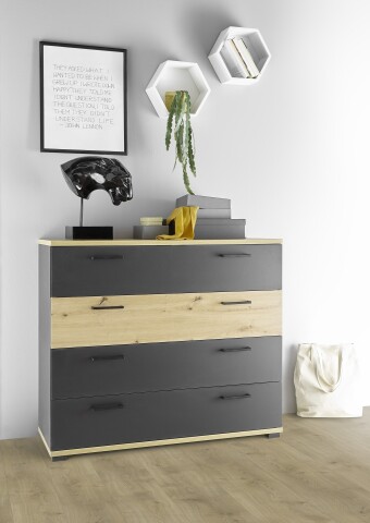 Schubkastenkommode >STARLIGHT< in Anthrazit / Artisan Eiche Dekor - 110x94,8x41 (B/H/T)