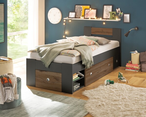 Kinderbett >STEFAN< in Graphit / Eiche dunkel Liegefläche 90x200 cm - 96x86x204cm (BxHxT)