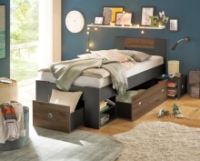 Kinderbett >STEFAN< in Graphit / Eiche dunkel Liegefläche 90x200 cm - 96x86x204cm (BxHxT)