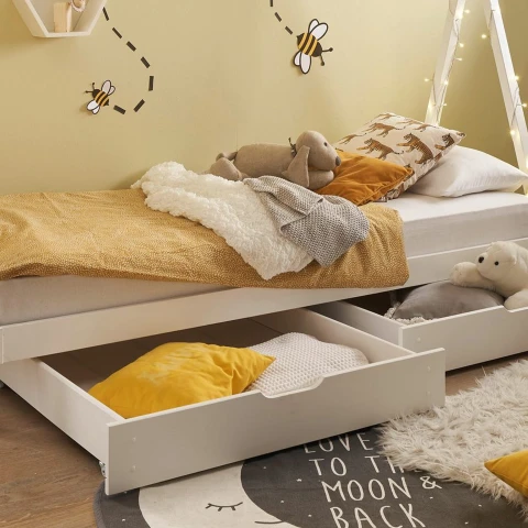 Bettschubkasten >SORA< (2er Set) in Weiß, Kiefer massiv - 97x15x91cm (BxHxT)