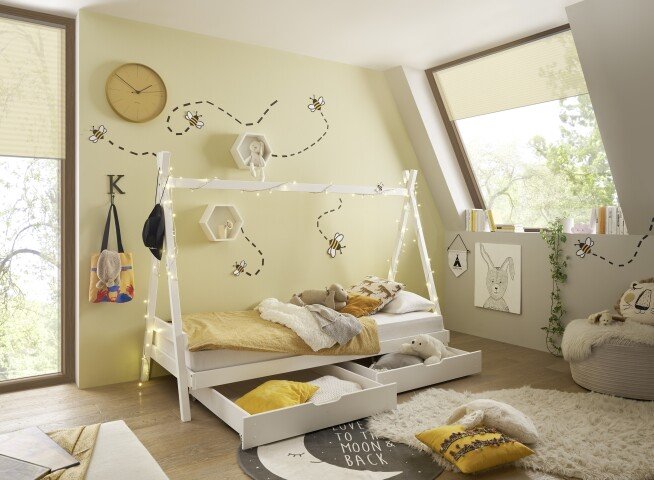 Kinderbett >Sora< (3-teilig) inkl. Schubkästen, in weiss - 95x154x213 (BxHxT)