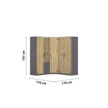 Eckkleiderschrank >Butte< in Eiche Artisan Dekor / grau - 176x197x176 (BxHxT)