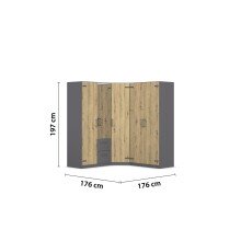 Eckkleiderschrank >Butte< in Eiche Artisan Dekor / grau - 176x197x176 (BxHxT)