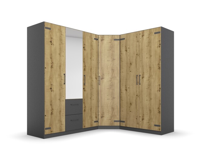 Eckkleiderschrank >Butte< in Eiche Artisan Dekor / grau - 221x197x176 (BxHxT)