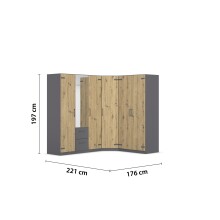 Eckkleiderschrank >Butte< in Eiche Artisan Dekor / grau - 221x197x176 (BxHxT)