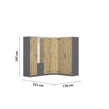 Eckkleiderschrank >Butte< in Eiche Artisan Dekor / grau - 221x197x176 (BxHxT)