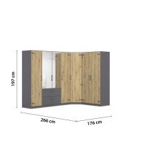 Eckkleiderschrank >Butte< in Eiche Artisan Dekor / grau - 266x197x176 (BxHxT)
