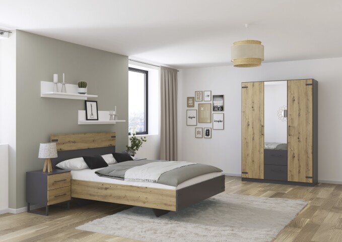 Schlafzimmer-Set >Butte< (3-teilig) in grau metallic / Eiche Artisan Dekor