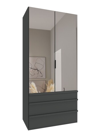 Falttürenschrank >OXFORD< Schubladen, in GRAPHIT und Spiegel - 100x216x58cm (BxHxT)