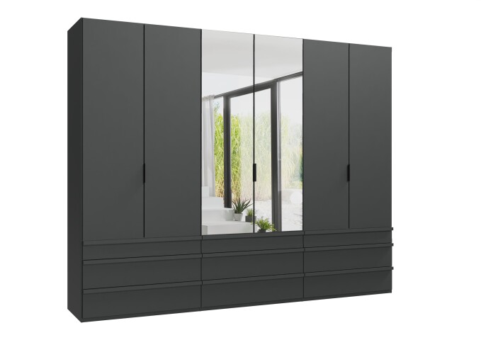 Falttürenschrank >OXFORD< Schubladen, in GRAPHIT mit Spiegel - 300x216x58cm (BxHxT)