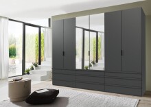 Falttürenschrank >OXFORD< Schubladen, in GRAPHIT mit Spiegel - 300x216x58cm (BxHxT)
