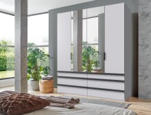 Falttürenschrank >OXFORD< in WEISS mit Spiegel - 200x236x58cm (BxHxT)