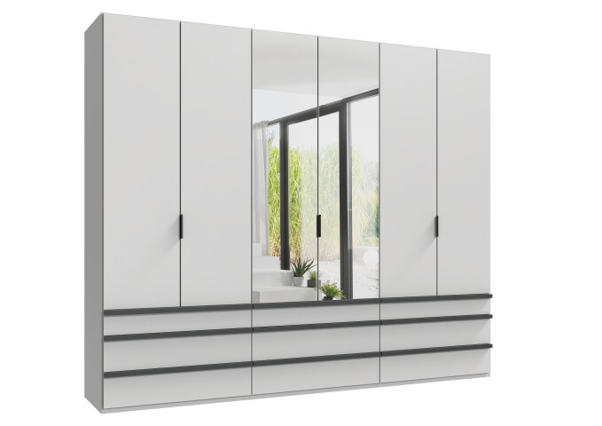 Falttürenschrank >OXFORD< in WEISS mit Spiegel - 300x236x58cm (BxHxT)