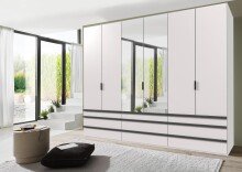 Falttürenschrank >OXFORD< in WEISS mit Spiegel - 300x236x58cm (BxHxT)