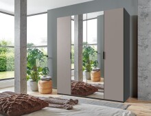 Falttürenschrank >OXFORD< in Saharagrau / Grafit / Spiegel - 200x216x58 (BxHxT)