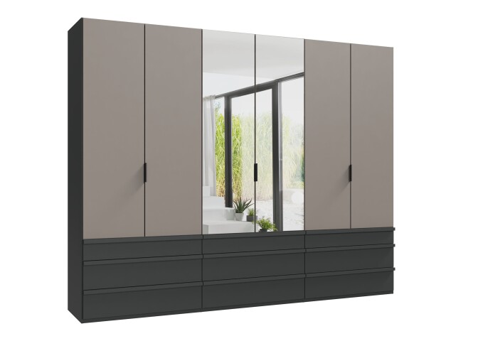 Falttürenschrank >OXFORD< in Saharagrau / Grafit / Spiegel - 300x216x58 (BxHxT)