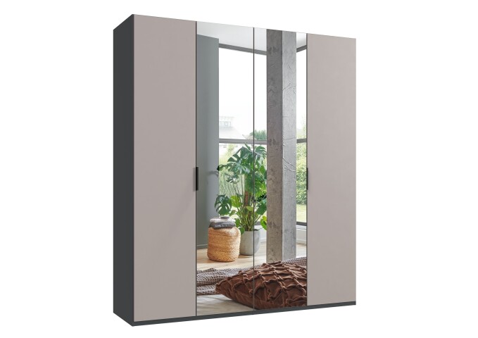 Falttürenschrank >OXFORD< in Saharagrau / Grafit / Spiegel - 200x236x58 (BxHxT)