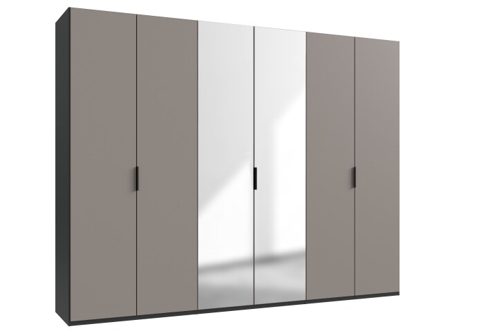 Falttürenschrank >OXFORD< in Saharagrau / Grafit / Spiegel - 300x236x58 (BxHxT)