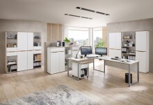 Eckschreibtisch >Memphis< in Weiß / Artisan / silber - 223x77x170 (BxHxT)