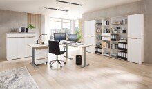 Eckschreibtisch >Memphis< höhenverstellbar, weiß / Artisan / silber  - 185x64/129x177 (BxHxT)