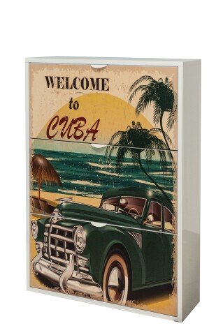 Schuhkipper >TWIN< in Weiß mit Cuba-Motiv, MDF weiß - 58x128,5x25cm (BxHxT)