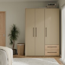 Drehtürenschrank >MOKKARIS< in Taupe / Wildeiche - 144,4x200,1x58,8cm (BxHxT)