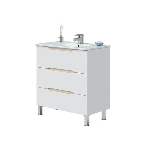 Waschtisch >LEA< in Weiß glänzend / Eiche Dekor - 80x86x45 (BxHxT)