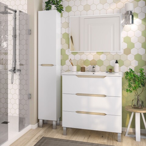 Badezimmer-Set >LEA< (3-tlg.) in Weiß glänzend / Eiche Dekor - 80x86x45 (BxHxT)