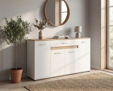 Sideboard >Volos< in weiß / Artisan Eiche Dekor - 157x91x38 (BxHxT)