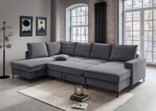Wohnlandschaft >Rube< Schlaffunktion, Stauraum, Cord grau - 309x92x198cm (BxHxT)