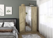 Drehtürenschrank >Alba< inkl. Schubladen, Spiegel / Eiche Artisan Dekor - 136x197x54 (BxHxT)