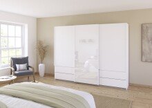 Schwebetürenschrank >Elara< in alpinweiß / Glas kristallweiß, Holzwerkstoff