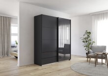 Schwebetürenschrank >Elara< in grau metallic / Glas basalt - 181x210x62 (BxHxT)
