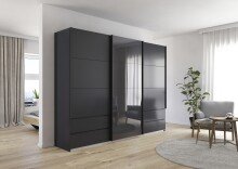 Schwebetürenschrank >Elara< in grau metallic / Glas basalt - 271x210x62 (BxHxT)