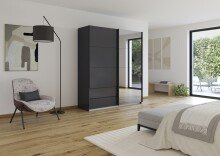 Schwebetürenschrank >Elara< in grau metallic / Grauspiegel - 181x210x62 (BxHxT)