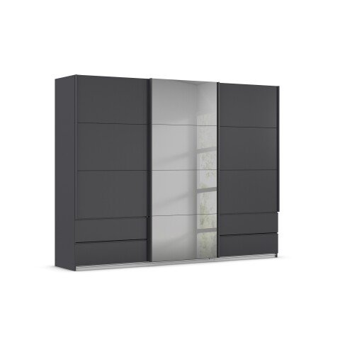 Schwebetürenschrank >Elara< in grau metallic / Grauspiegel - 271x210x62 (BxHxT)