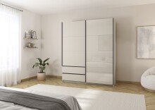 Schwebetürenschrank >Elara< in champagner / Glas champagner - 181x210x62 (BxHxT)